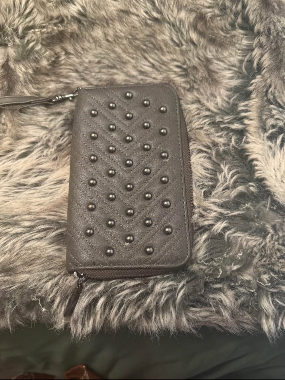 Studded Chevron Zip Wallet - Black